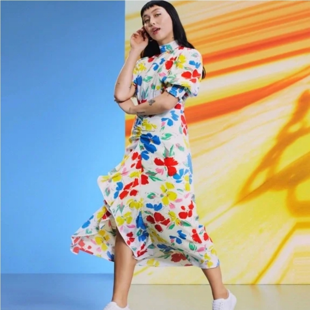 Rixo x Target White Floral Mock Neck Cascade Ruffle Dress Size 4 NWT